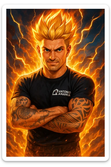 a muscular man with spiky hair stands in a powerful pose, surrounded by a glowing, fiery aura reminiscent of Goku’s Super Saiyan transformation. His eyes are intense and determined, and his body radiates energy and confidence. Lightning bolts and energy waves crackle around him, symbolizing a surge of testosterone and vitality. The background is dramatic, with swirling clouds and vibrant colors. sticker
