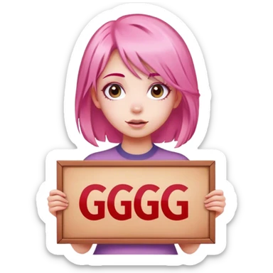 girl with pink hair, big sign saying "GG" sticker