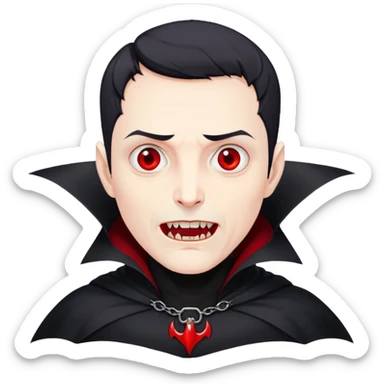 Nam 50 tuổi, mắt đỏ, da trắng, tóc ngắn màu đen, có răng nanh, mặt hơi đáng sợ như ma cà rồng, áo măng tô cổ cao màu đen, nửa thân trên sticker