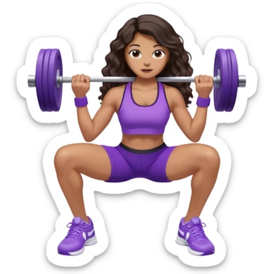 mujer de tez trigueña, con cabello castaño oscuro ondulado con pequeñas ondas, con el cabello super largo hasta las rodillas estilizado, con ropa deportiva morada/lila, tenis blancos deportivos y levantando una pesa sticker