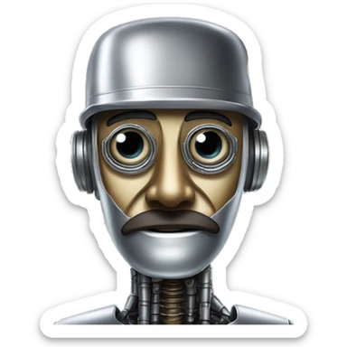 a portrait of a robot that tries to disguise as a human. He's in metal but has fake nose and mustache, and a cap with written on it "100% human" sticker