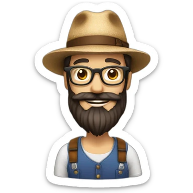 happy smile gardener face long dark beard and bald dark hair round glasses brown eyes and a hat sticker
