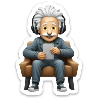 albert einstein happy listening music with wireless headphones while sitting on the chair sticker