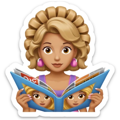 mujer en la peluquería con rulos en la cabeza y leyendo una revista sticker