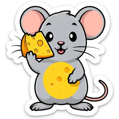 Adorable cartoon mouse holding a piece of cheese sticker