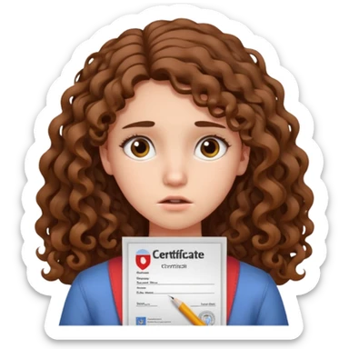 A girl with long curly brown hair shows an IELTS certificate with low score dissapointed sticker