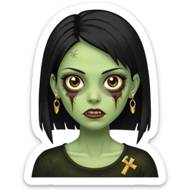 Faça uma zombie mulher bonita verde com olhos castanhos cabelos pretos liso com estilo y2k e ouro sticker