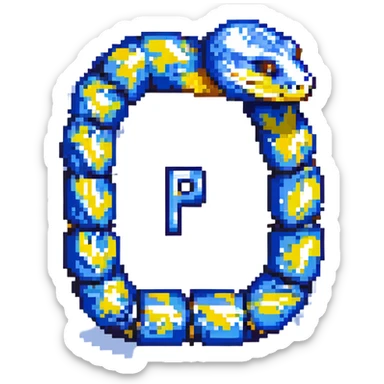 pixel art version of the Python logo, with a blue and yellow palette and a coiled snake forming the shape of the letter 'P' sticker