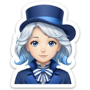Beautiful gorgeous anime lady with white wavy hair with thin blue stripes, blue eyes, blue short top hat, smug grin, blue coat, blue cravat, white gloves sticker