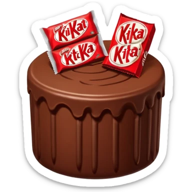 Bolo de chocolate cilíndrico, com fatias de morango em cima e a parede do bolo ao redor de kitkat sticker