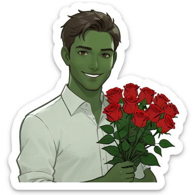 male memoji, handsome man in white shirt, holding a big bouquet of red roses, gentle smile, soft romantic eyes sticker