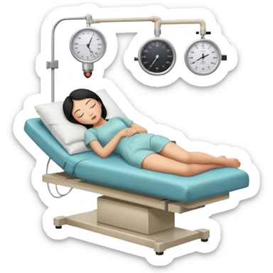 A female patient with black hair lying on an examination bed, head on a pillow and eyes closed, shown in a wide, full-body view in a clean colonoscopy procedure room. No medical staff visible. sticker