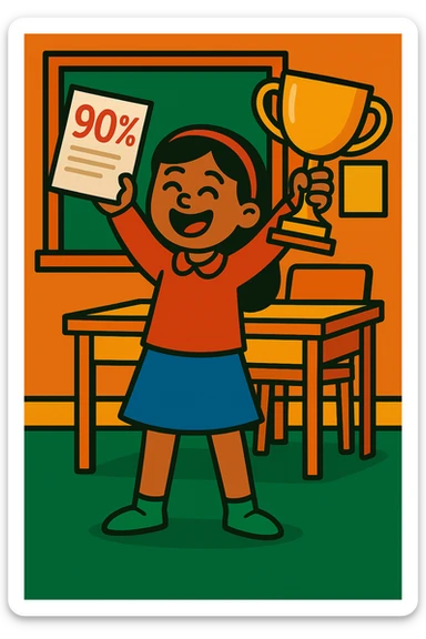 Change the student to a female student, keep the trophy and celebration for scoring 90%, vibrant colors, classroom background. sticker