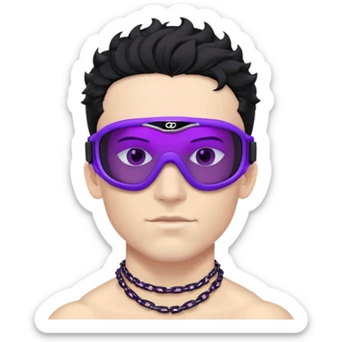 shirtless male athlete with white skin and moderately curly black hair on top with shaved sides, wearing ski goggles with purple frames/outline and very dark heavily tinted black lenses that completely hide the eyes, and a simple plain black chain necklace, no earrings sticker