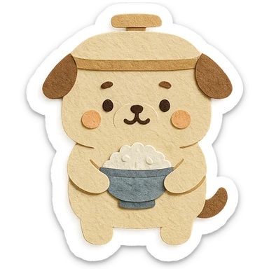 chibi dog-rice cooker hybrid, round belly, holding a rice bowl, soft cream and brown palette, full-body sticker