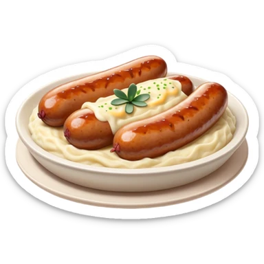 Cinematic Realistic Bangers and Mash Dish Emoji, featuring succulent pork sausages paired with creamy mashed potatoes rendered with detailed textures and natural highlights that emphasize its robust, hearty flavor. sticker