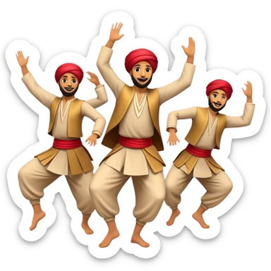 Cinematic Realistic Dabke Dance Emoji, depicted as an energetic traditional Lebanese folk dance with vibrant costumes and rhythmic movements, rendered with dynamic textures and festive natural lighting that captures its communal joy. sticker