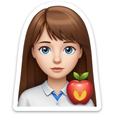 white woman, long straight brown hair with bangs, blue-grey eyes, white shirt, apple emoji style sticker