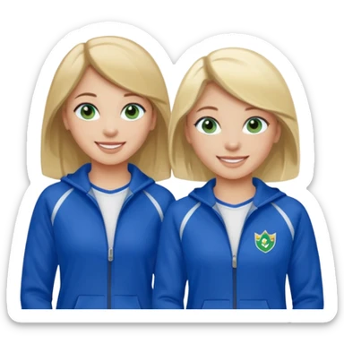 two girls smiling one has blond hair and green eyes and one is has dark brown hair and blue eyes they are wearing royal blue track suits sticker
