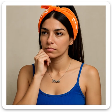 Create a hyperrealistic 4K image of a thoughtful woman, almost full figure, with her hand under her chin, inspired by the reference image. She has a reflective expression and a neutral background. This is variant 4 with a slightly changed face orientation. sticker