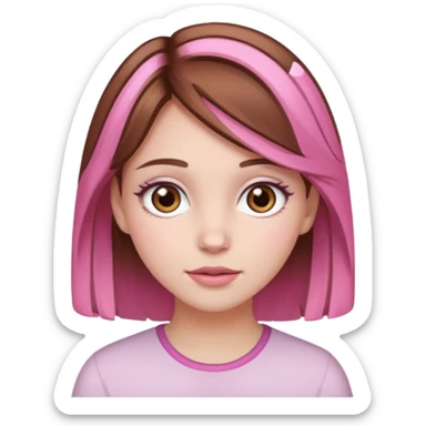 white skined girl with brown hair and brown eyes and pink highlights sticker