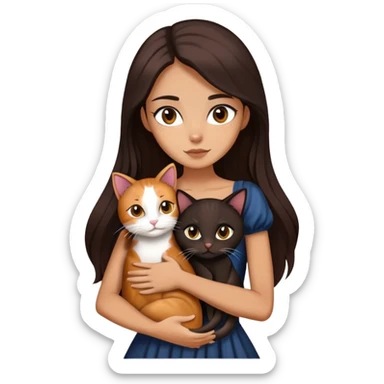 Beautiful skinny woman long dark brown hair in dark dress hug calico cat sticker