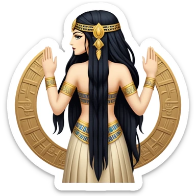 back view of Anunnaki goddess Inanna with long flowing black hair and Mesopotamian cuneiform symbols on her royal attire sticker