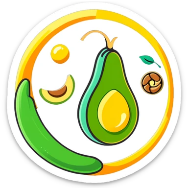 Floating aura in the shape of a golden and jade green drop, with bright icons of avocado, nuts, olive oil and ethereal fish spinning in a circle, surrounding a warm heart and illuminated brain, wrapped in a soft glow of protection and stable energy sticker