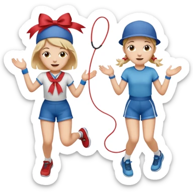 Show three big emojis: 👧🏻🎀 (the doll singing), 😀👕4️⃣5️⃣6️⃣🤾 (a player jumping rope), 👦🏻🧢 (child figure). sticker