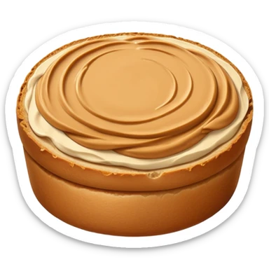 a round bread with peanut butter spread on top, seen from above, simple and clear sticker