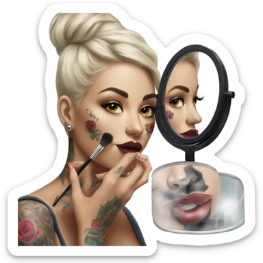 Hyper Realistic Beautiful tattooed woman applying her makeup in a mirror  sticker