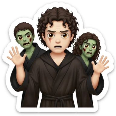 это должен быть юноша, одет в черную мантию, глаза цвета хамелион, но более коричневые, выглядит как зомби и еще длинные волнистые кудрявые волосы темно коричневого цвета, также добавь немного гангстерства уличного на задней фон sticker