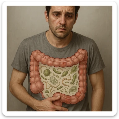 Realistic style with medical elements of a 35-year-old man, tired and tense face, hand on abdomen, sunken eyes, dull skin. Transparent illustrations on the abdomen of parasites and bacteria in imbalance, schematic intestine as in a medical study. sticker