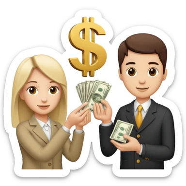 Two people exchanging money, with a dollar sign between them, symbolizing billing and financial transactions. sticker