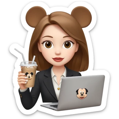 Women in front of laptop that has a Mickey sticker on it, with a happy face, face a little fuller, lips plump, full eyebrows, long light brown hair, light brown big eyes, light pale skin with a iced coffee on the side, business attire sticker