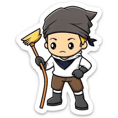 Levi Ackerman cleaning with bandana over hair, gloves, holding broom, annoyed expression sticker