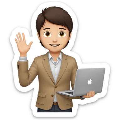 a light tan boy with messy dark brown hair. Wearing a blazer and carrying a lapotop. watch on wrist sticker