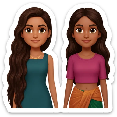 two identical friends with the emoji style. One has super long dark brown hair that goes to waist, one has long hair that is also dark brown. They both have Indian skin sticker