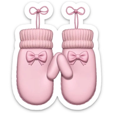 pastel pink pair of mittens connected by string and a bow sticker
