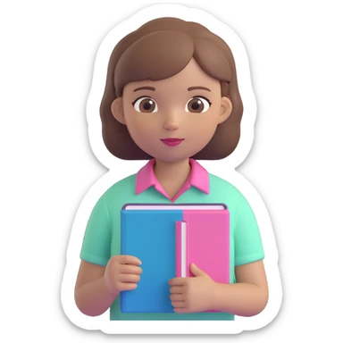 A girl with short light brown hair holding a pink book, wearing a mint shirt sticker