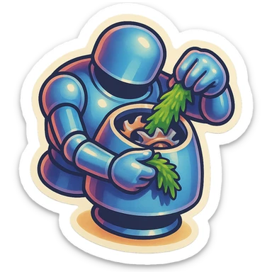 hovering robot. stuffs material into large hole on its top with 2 arms. no head. hole is where a head would be. spinning gears and blades in hole grind material.  3/4 view. between realism and cartoon. well lit. no dramatic lighting. metallic shiny robot. works diligently. drake humor sticker