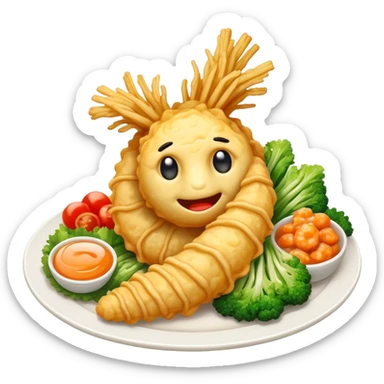 Tempura Cinematic Realistic Tempura Dish Emoji, depicted as extra crispy, lightly battered seafood and vegetables, rendered with vivid textures and dynamic, bright lighting. sticker
