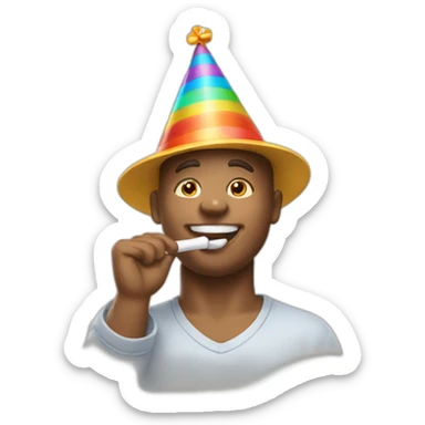 Create an emoji featuring a person joyfully wearing a birthday hat and enthusiastically blowing a birthday whistle, capturing the festive spirit of celebration sticker