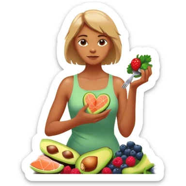 A glowing, energized person stands barefoot in morning sunlight, surrounded by vibrant greens and whole foods—berries, salmon, avocado, broccoli. One hand rests on their heart, the other holding a fork like a tool. Behind them, toxic foods fade into shadow. Their body radiates light from within sticker