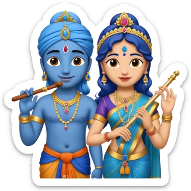 Radha and Krishna emoji, holding hands, Krishna with blue skin and flute, Radha in colorful saree sticker