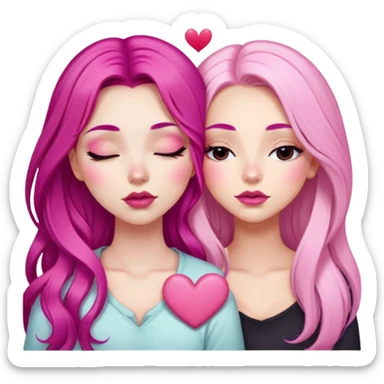gorgeous pale girl with long magenta pink hair latina makeup next to a gorgeous girl with blonde hair girl with a light pink heart above them in between eyes closed making duck lips faces sticker