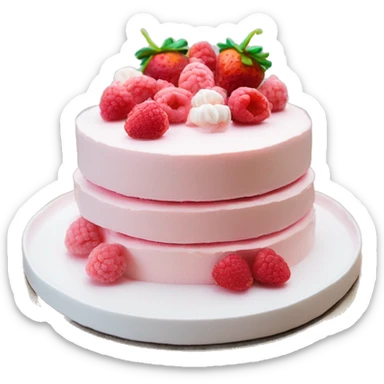 light pink and white cake on white colored plate with raspberries and strawberries sticker