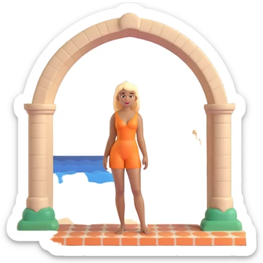 blonde woman with straight hair and light brown skin, with the three iconic Atalaia Beach arches in the background (Aracaju-SE, Brazil), middle arch taller with round tops, made of tiles sticker