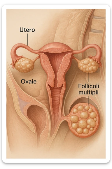 realistic 3D medical image of PCOS in anatomical section, ovaries with many follicles, uterus and ovaries highlighted, clinical details, natural colors, Italian captions, aspect ratio 2:3 sticker