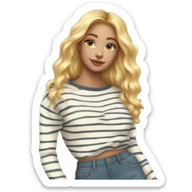Striped white and yellow sweater on thin blonde haired girl with cute flare jeans sticker